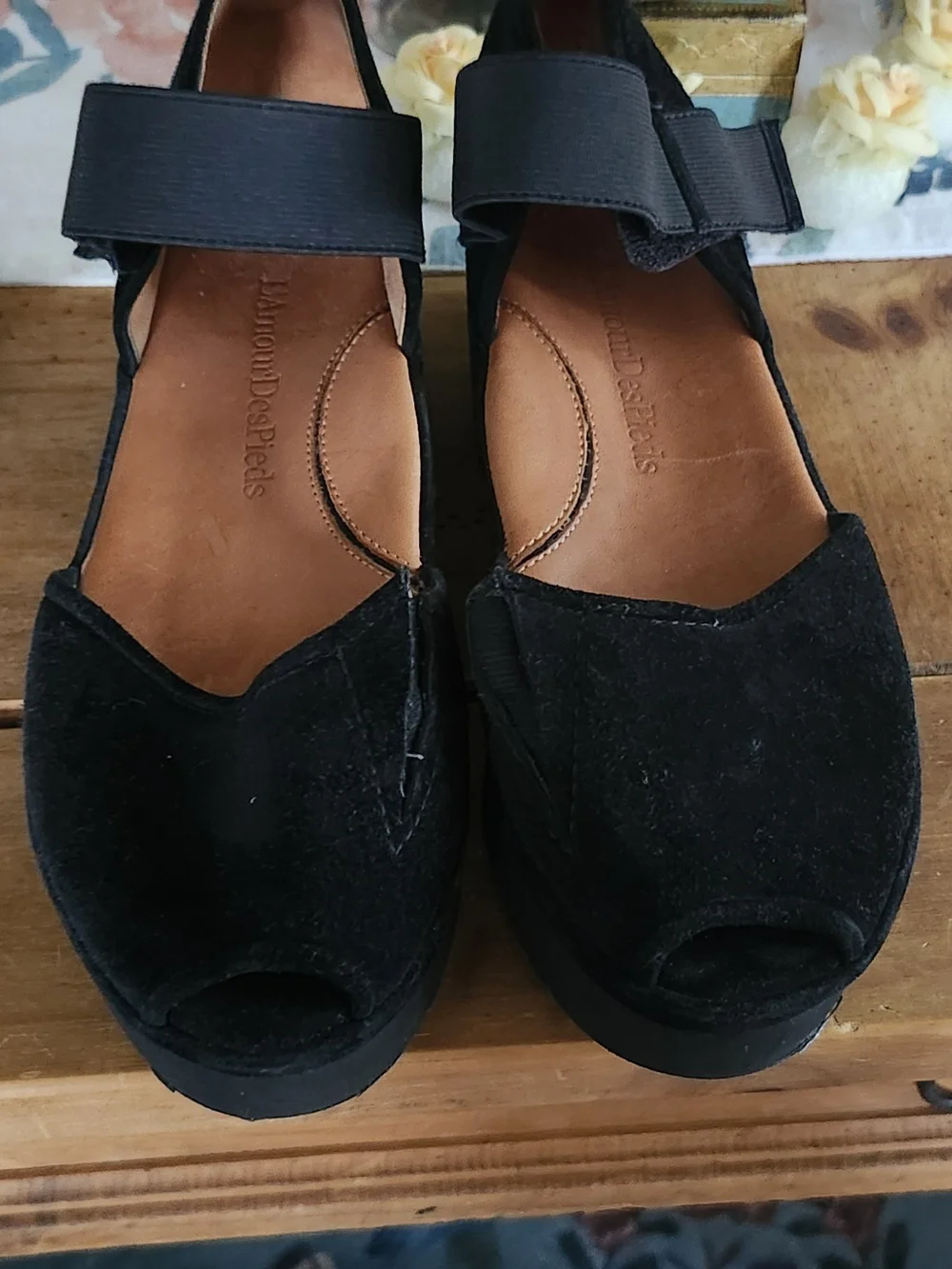 Women's Black Suede Peep-Toe Wedge Sandals with Ankle Strap
